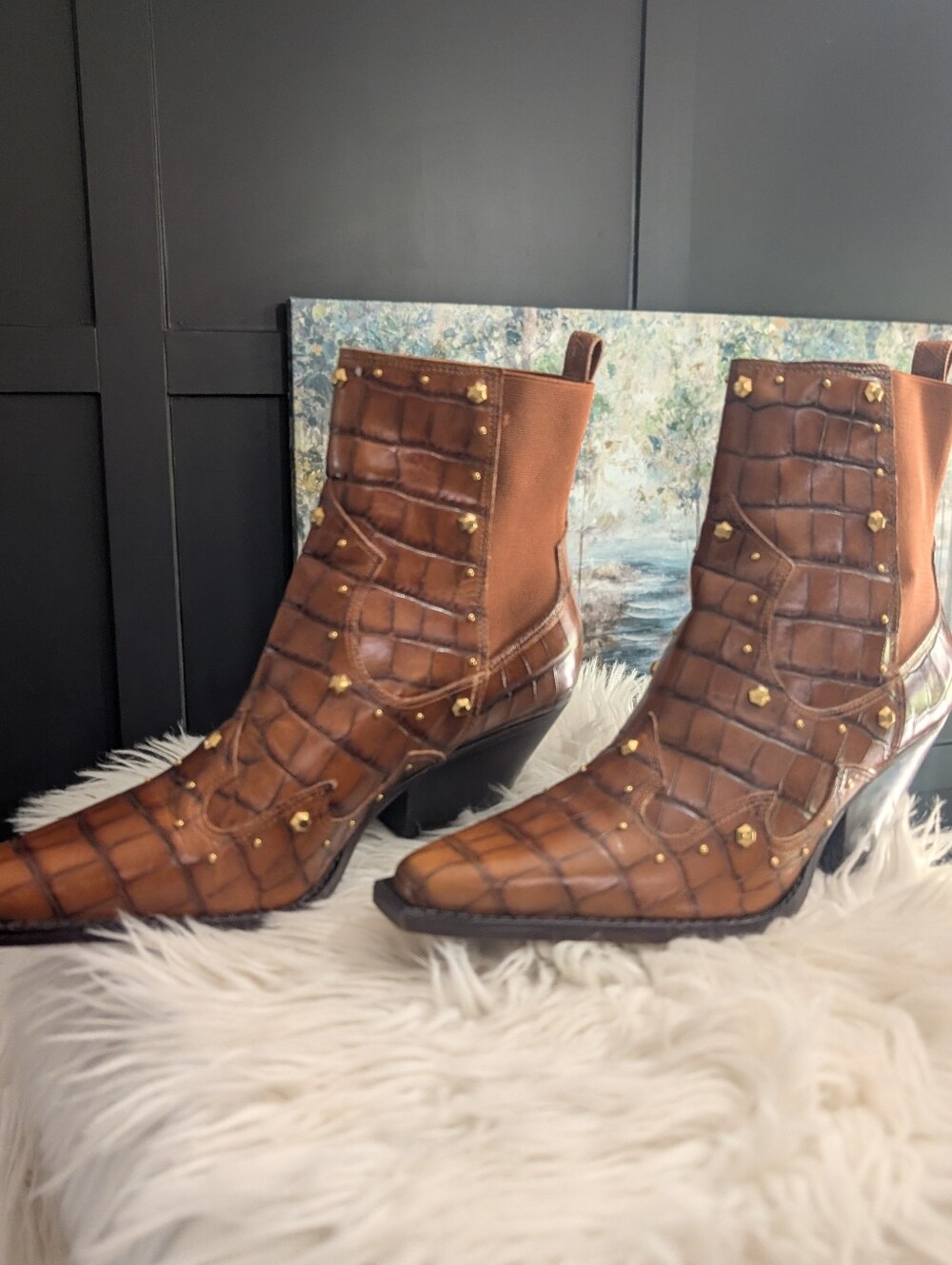 Vince Camuto Brown Croc-Embossed Studded Booties - Picture 2 of 12